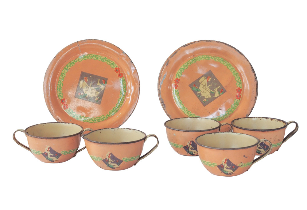 VTG 1930s Ohio Art Child Tea Set Fairy Rabbit Tin Litho Miniature Play Art Deco